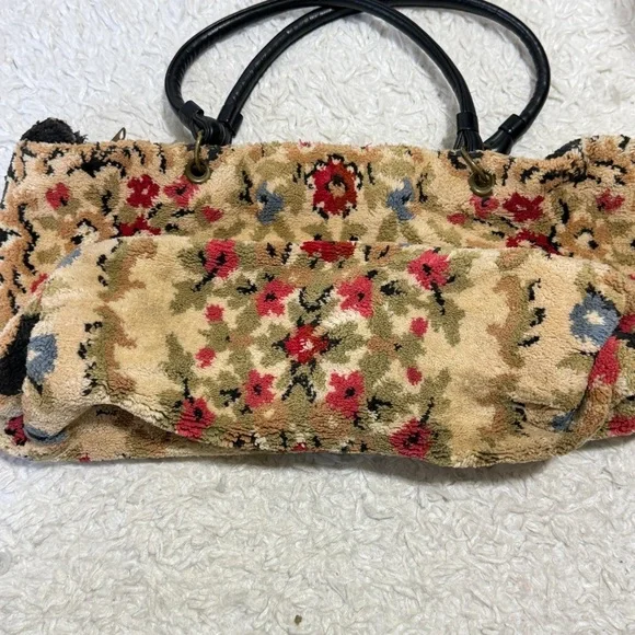 Vintage 50’s 60’s floral carpet tote shoulder back leather handles - Picture 9 of 12